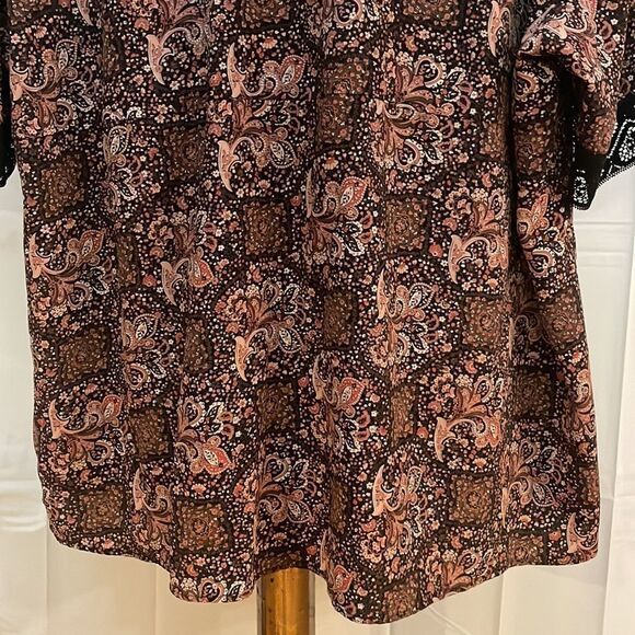Size 26/28 Venezia Jeans short ruffle sleeve v-neck floral print brown tunic top - Picture 11 of 16